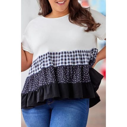 White Plaid Dot Ruffled Plus Size Babydoll Top