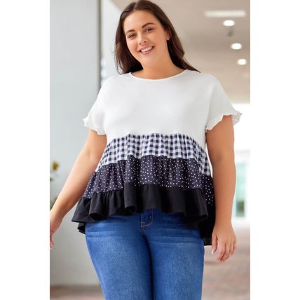 White Plaid Dot Ruffled Plus Size Babydoll Top