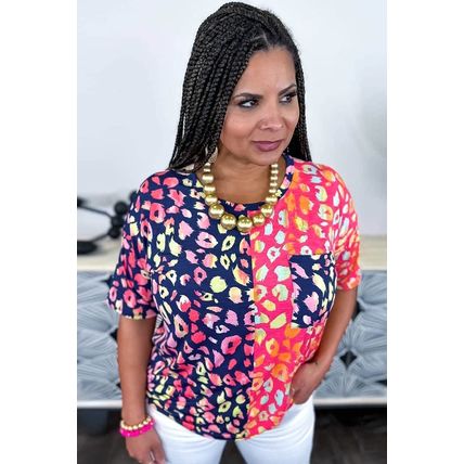 Plus Size Leopard Colorblock Short Sleeve Top