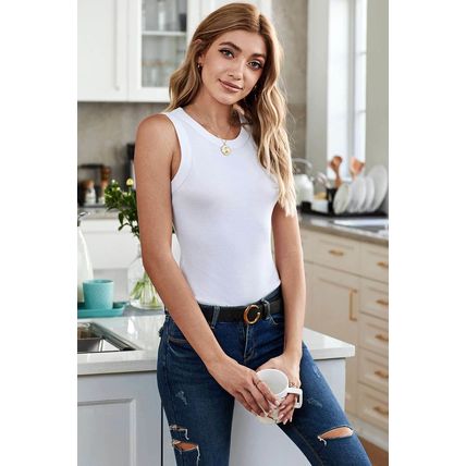 Solid White Round Neck Ribbed Tank Top