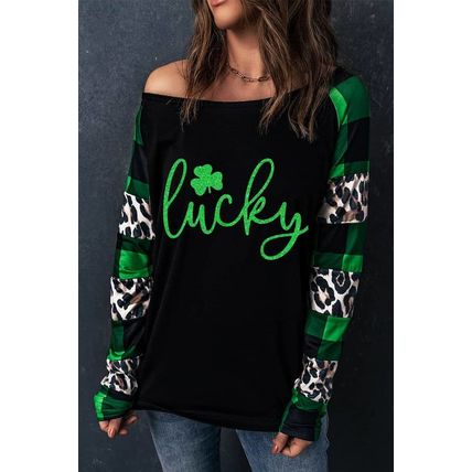 Green Lucky Clover Glitter Pattern Leopard Plaid Splicing Top