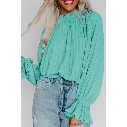 Green Striking Pleated Flared Cuff Long Sleeve Blouse