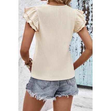 Apricot Crinkle Textured V Neck Flutter Sleeve Top