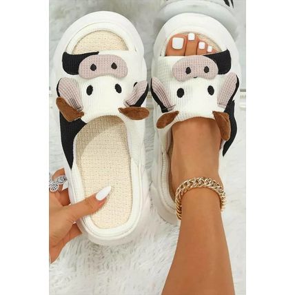 Bright White Cute Cow Pattern Open Toe Slippers