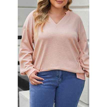 Pink Raw Cut Notched Neck Plus Size French Terry Hoodie