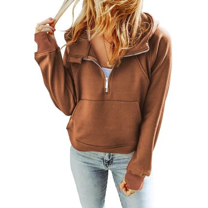 Brown Quarter Zip Kangaroo Pocket Hoodie