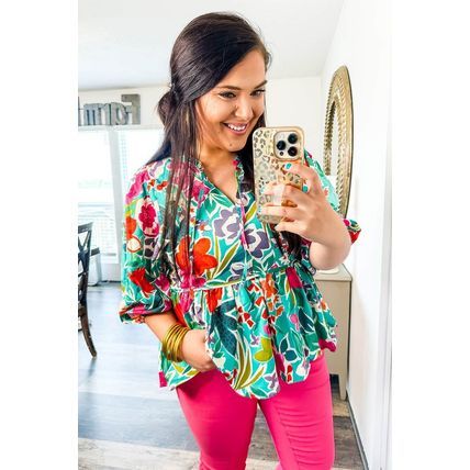 Multicolor Floral Tie Split Neck Plus Size Peplum Blouse
