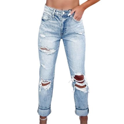 Sky Blue Light Wash Frayed Slim Fit High Waist Jeans