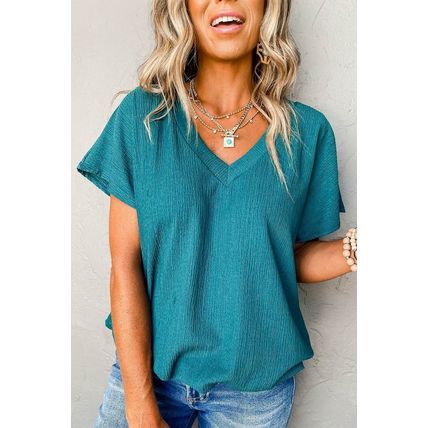 Blue Sapphire Crinkled V Neck Wide Sleeve T-shirt