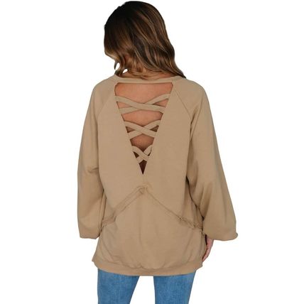Light French Beige Solid Color Lattice Hollow Out Back Sweatshirt
