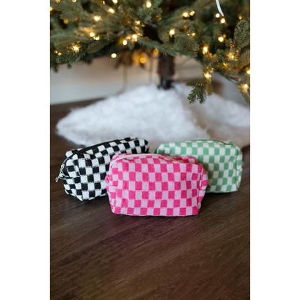 Black Checkered Knitted Zipper Makeup Bag