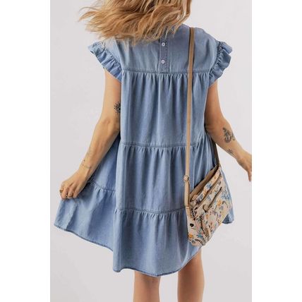Beau Blue Ruffle Short Sleeve Tiered A-line Denim Dress