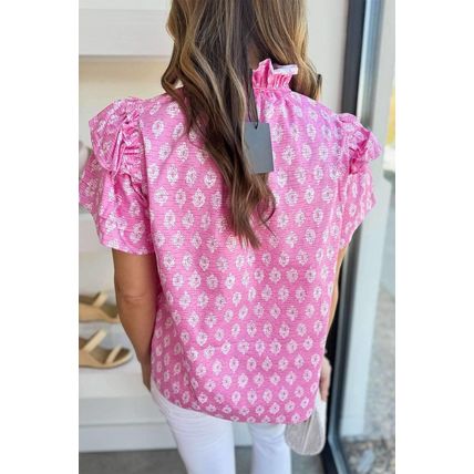 Pink Vintage Floral Ruffled Split Neck Short Sleeve Blouse