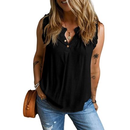 Black Button Split Neck Ruffled Trim Tank Top