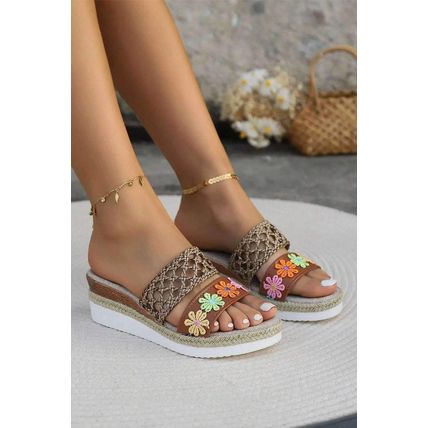 White Floral Print Braided Details Wedge Slippers