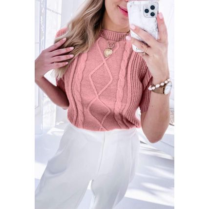Pink Cable Knit Mixed Textured Short Sleeve Sweater