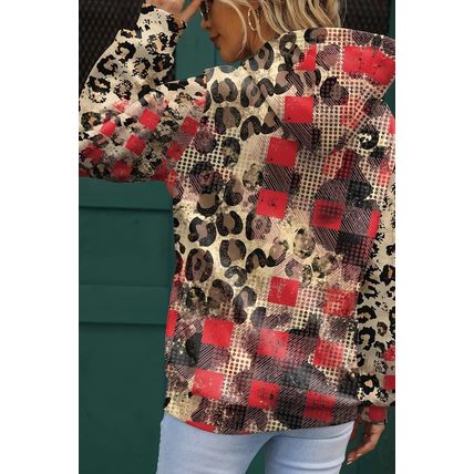 Brown Leopard Plaid Bleached Print Kangaroo Pocket Hoodie