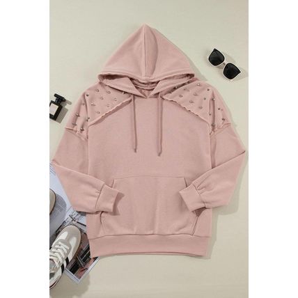 Fushia Solid Color Rivet Stud Raglan Sleeve Hoodie with Pocket