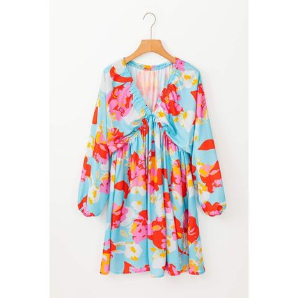 Sky Blue Floral Bracelet Sleeve Empire Waist Mini Dress