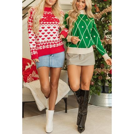Dark Green Diamond Pattern Pom Accents Contrast Trim High Neck Sweater