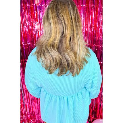 Turquoise Cordrd Balloon Sleeve Collar Plus Babydoll Top