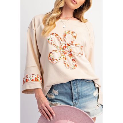 Beige Plus Size Flower Patched Side Slits Crewneck Top