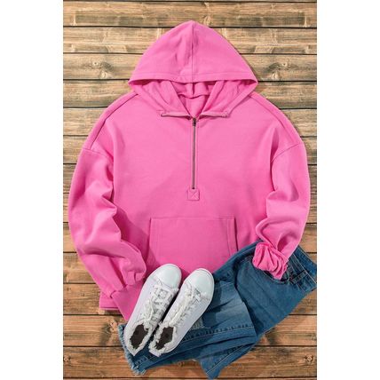 Bonbon Fleece Lined Half Zipper Kangaroo Pockets Loose Hoodie