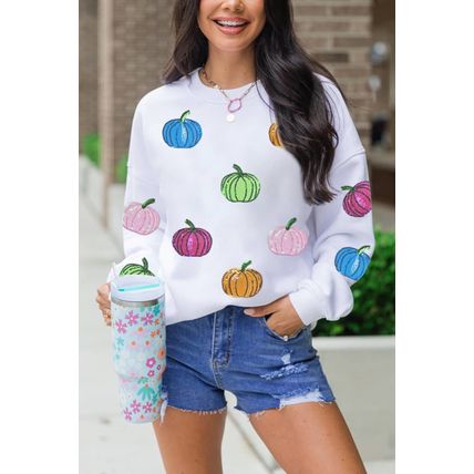 White Colorful Pumpkin Sequin Patched Drop Shoulder Sweatshirt