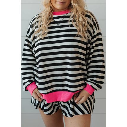Black Stripe Color Block Edge Pullover and Shorts PLus Size Set