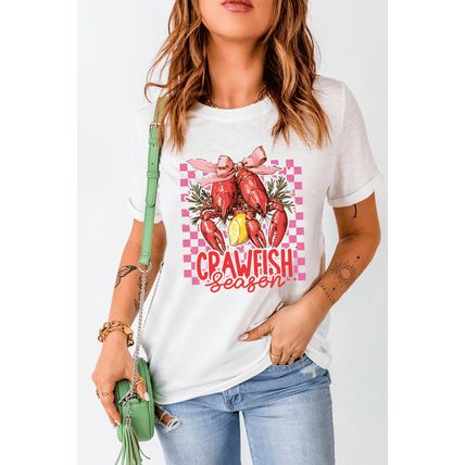 White Checkerboard Bow Crawfish Season Printed Crewneck T Shirt