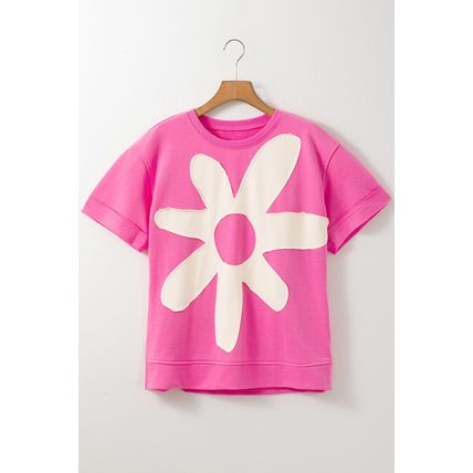 Sachet Pink Contrast Flower Drop Shoulder Loose T Shirt
