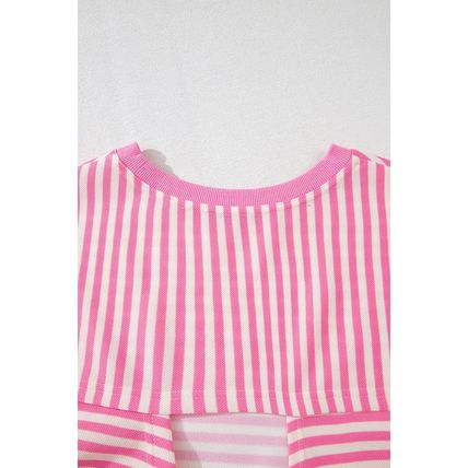 Pink Stripe Bowknot Cutout Back Drop Shoulder Wide Bracelet Sleeve Loose Tee