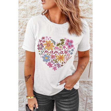 White MAMA Flower Heart Cotton Blend Graphic Tee