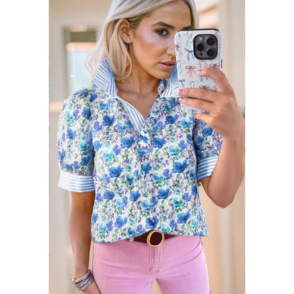 Sky Blue Floral Print Striped Patchwork Collared Short Sleeve Blouse