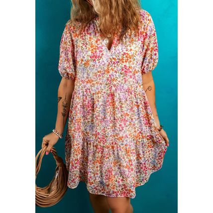 Red Floral Puff Sleeve Notched V Neck Tiered Mini Dress