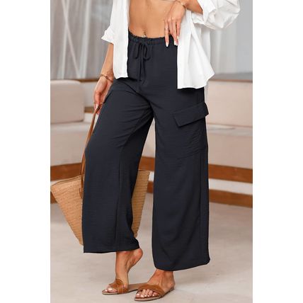 Black Drawstring Frilled Waist Wide Leg Utility Trousers