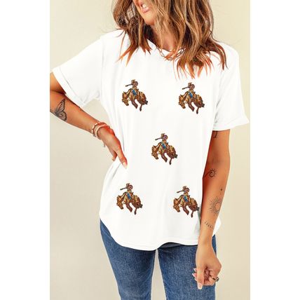 White Rodeo Patched Graphic Casual Round Neck Tee