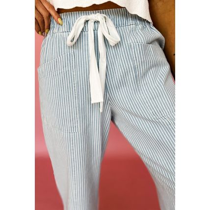 Sky Blue Stripe Mid Rise Drawstring Waist Jeans