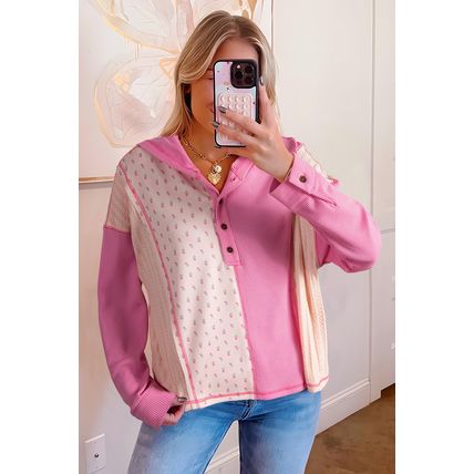 Pink Mixed Texture Waffle Floral Patchwork Hooded Oversize Pullover
