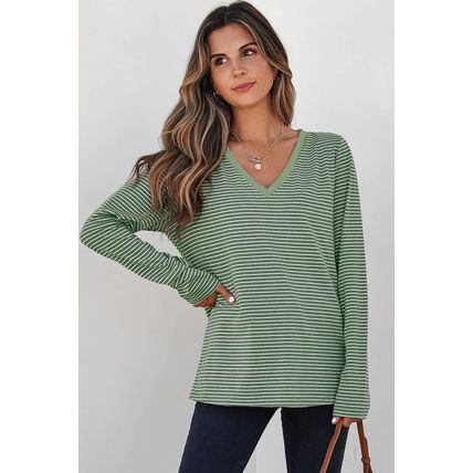 Green Stripe V Neck Stretchy Long Sleeve Top