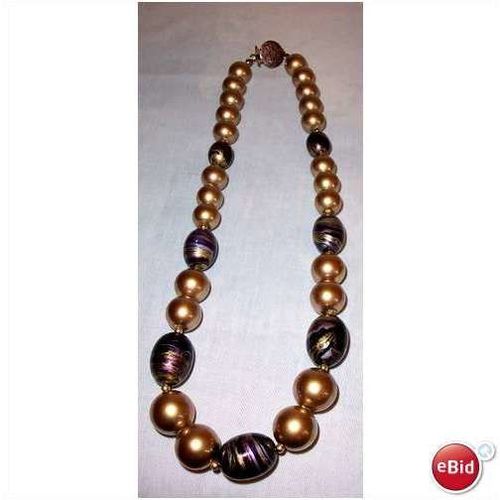 Gold-tone and purple swirled beaded necklace