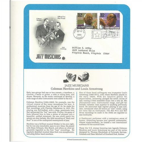 JAZZ MUSICIANS : Hawkins / Armstrong ' OFFICIAL FIRST DAY of ISSUE ' (1995)