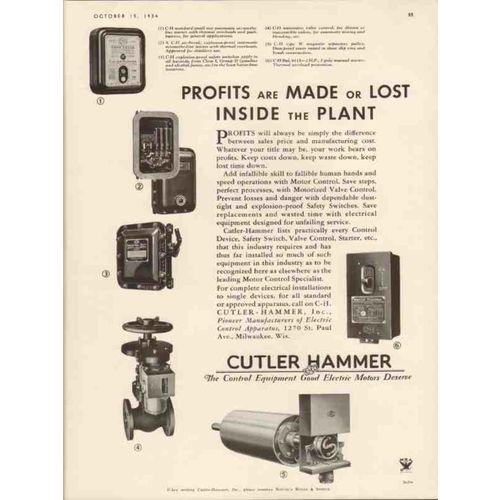 cutler-hammer inc 1934 profits made lost inside plant vintage ad