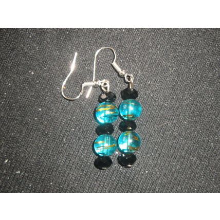 Elegant black crystal and hand painted Asian turquoise glass earrings