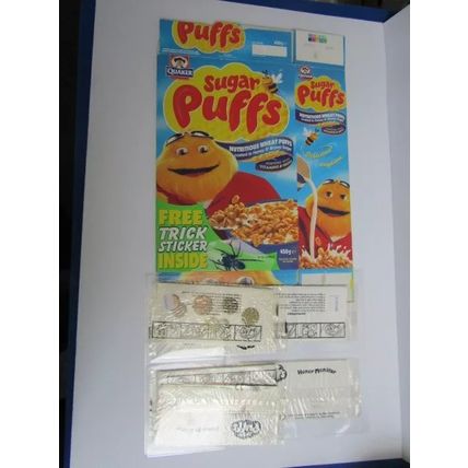 Quaker Sugar Puffs 2000 Trick Stickers Cereal Box & Set of 6 Sticker Packets