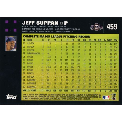 2007 Topps Baseball 459 Jeff Suppan Milwaukee Brewers