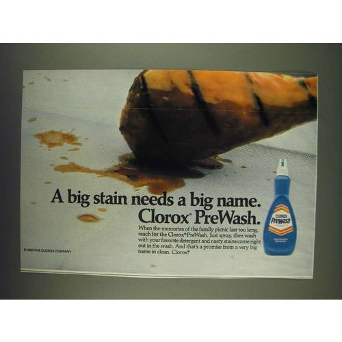 1985 Clorox PreWash Ad - A big stain needs a big name. Clorox PreWash.
