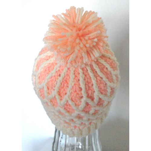 HAT girls pompom trellis design crochet peach & cream winter ski #CTH002