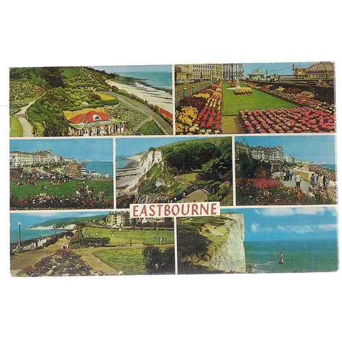 EASTBOURNE, SUSSEX multiview used vintage postcard. 1970 postmark. Shoesmith =