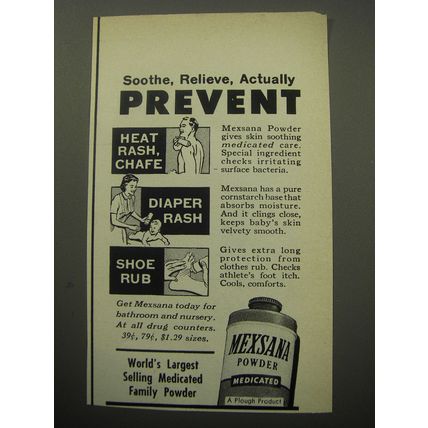 1957 Mexsana Powder Ad - Soothe, Relieve, actually prevent